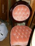 EASTLAKE STYLE LADIES PARLOR CHAIR, UPHOLSTERY EXCELLENT, ONE FRONT LEG NEEDS REPAIRED.