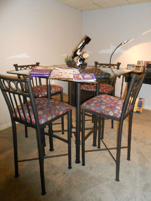 pub table with 4 chairs and beveled glass top deeply discounted to only $300.00/ PUB TABLE SOLD SATURDAY