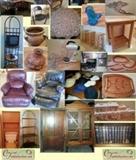 Danish Mid-Century Modern Dining Table & Chairs, Wood Bookshelves, Modern Desk set with matching bookshelves, desk chair, file cabinets, floor lamps, table lamps, antique candelabra, antique glass front cabinet, solid marble table, baker's rack, glass entry table and mirror, antique books, walking sticks, home shredder, wood dolphin wall art, small entertainment center wardrobe, new upholstered chairs, leather recliners, stereo, pottery, vases, yarn, newer full size pillow top mattress and box spring, blankets, candles, candle holders, buttons, digital camera, boxes of thread, sewing machine, notions, leather purses, ladies hats, glider, dressing floor mirror, linens, back massage mat, Back Joy back support, mid century decorative items, stainless steel pots and pans, newer Sunbeam Mix Master with 3 attachments, food vacuum sealer, kitchen butcher block island, toaster oven broiler, indoor grill, toaster, over the toilet storage cabinet, Southwest Hand Painted Pueblo Canister Set, anti