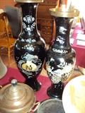 Black Laquer mother  of pearl inlay vases, huge