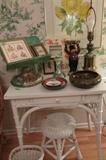 Vintage Wicker Desk, Stool & Basket