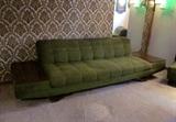 Mid-century modern sofa, retro avocado green fake fur!  Attached laminate end tables.