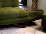 Mid-century modern sofa, retro avocado green fake fur!  Attached laminate end tables.