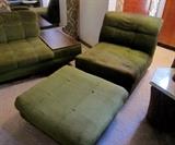 Pair of Mid-century modern chair with ottoman, retro avocado green fake fur!  