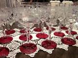vintage etched, paneled stemware with red bases