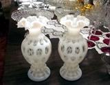 Pair of Fenton, white cut to clear, ruffle top vases