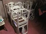 6 oak ladder back chairs, vinyl seats