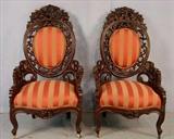 623 - 2 rococo revival pierce carved parlor cha., duplicates those pictured in an 1849 George Henkels advert. shown in Mar. 1933 magazine, 48in. T, 26in. W, 22in D.