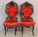 622 - Two J & J Meeks laminated rosewood parlor chairs in Henry Ford pattern from Whitehall, uph. in silk w gilt Napoleonic bees, tassled 44in. T, 19in. W, 19in. D.