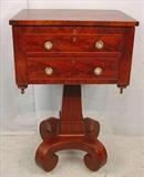 402 - Extra tall mahogany empire work stand with glass pulls, ogee feet, 36in. T, 23in. W, 18in. D.