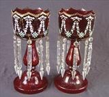 313 - Pair of ruby lusters with enamel paint, 14in. T, 6in. Dia., prisms are 6in.