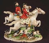317 - Dresden porcelain fox hunting group in mint condition, 12in. T, 14in. W, 6in. D.
