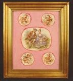318 - Porcelain plaque with 5 figural paintings with KPM signature on back, 13 x 15.