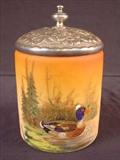 324 - Hand painted duck humidor with silver-plate lid, att to Handel, unsigned, 8 in. T.