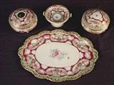 326 - Signed 4 piece Nippon dresser set in excellent condition, platter is 13in. W, 9in. D.