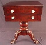 359 - Unusual 3 leg period mahogany 2 drawer work stand, 28in. T, 22in. W, 18in. D.