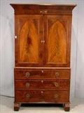 485 - Mahogany English linen press with ivory key hold, original hardware, original linen drawers, 85in. T, 46in. W, 26in. D.