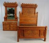 494 - Two piece burl walnut Eastlake bedroom suit, dresser has beveled mirror, full size bed - 56in. W, 74in. L, 7ft 4in. T, dresser - 91in. T, 46in. W, 20in. D