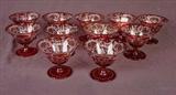 412 - Set of 11 Bohemian red cut sherbet dishes with deer etching.