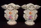 496 - Pair of small old Paris vases with flowers, 10in. T.