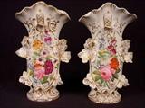 495 - Pair of large old Paris vases with red roses, 13.5in. T.