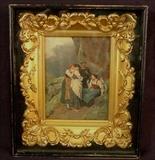 519 - Oil on board of people talking in shadow box frame, signed Mathias Schmin, 14 x 12in.