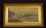 556 - Oil on canvas in gold gilt frame of ocean scene, 30.5 x 18.5.