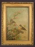 555 - Oil on canvas in gold gilt frame of sparrows in tree, 24in. X 18in.