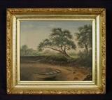 557 - Oil on canvas in gold gilt frame of lakeside scene, 23 x 20.