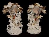 444 - Pair of Old Paris porcelain vases in a horn shape with parian figurals and flowers, 14in. T, 9in. W, ca. 1860.