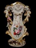 445 - Single Old Paris Vase with large flowers, gold trim, has a dog with rabbit at bottom, 16in. T, 10in. W, has damage to base.