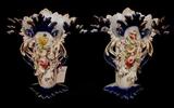 446 - Pair of blue Old Paris Vases with flowers, 14in. T, 13in. W, ca. 1880.