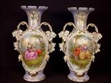 441 - Pair of large Old Paris vases, purple with people painted in garden scene, gold trim, 19in. T, 12in. W, ca. 1880.