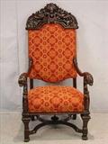 527 - Heavily carved mahogany throne chair, William and Mary style, 57in. T, 28in. W, 22in. D, red and gold upholstery, ca. 1890.