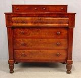 528 - Flame mahogany empire six drawer chest with turned legs, square column front, 47in. T, 44in. W, 20in. D, ca. 1840.