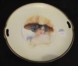 136 - Cake plate, Red Lion Mark, Gibson Girl in yellow hat.