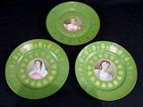 143- Three portrait plates, artist signed, apple green with gold bees, Josephine's Favorite.