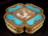 164 - French bronze and enamel covered jewelry box with insert of hand painted ivory, artist signed.