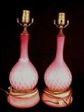 187 - Pair of quilted satin glass vases that were made into Boudoir lamps on base, 13in. T.