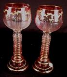 202 - Pair of Venetian wine glasses, cranberry and gold.
