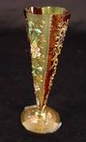 214- Moser fluted vase, red and green, 5.5in. T. with applied gold and colored enamel flowers.