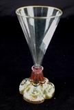 237 - Moser clear cordial glass with ruffled hand painted base, gold and flowers, 5.5in. T.