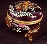 241 - Moser round purple and amber glass box with salamanders on lid and feet.