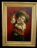 258 - Oil on canvas of boy with bird and birds nest, Victorian period later framed, 22 x 28.