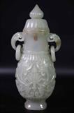 清代赏字-双龙耳刻花玉瓶  Qing Tours word -  Binaural Jade carved jar
