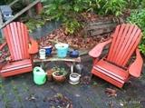 Last Leg Adirondack chairs (repair or repurpose), small bench, planters.