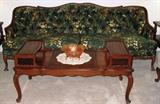 J.B. Van Sciver Co. French Provincial Cherry Coffee Table with Leather Inserts Top and Step Ends, Raised on Cabriole Legs  