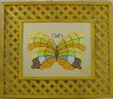 Original Oil on Canvas "Patchwork Butterfly" in Vintage Bright Yellow Lattice Frame