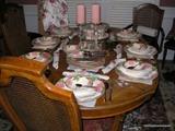 Dining Table, 6 chairs, one extension set with Franciscan Desert rose China