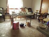 antique chairs, small furniture, settee, doll case, glass, lamps, china, wallpockets & misc